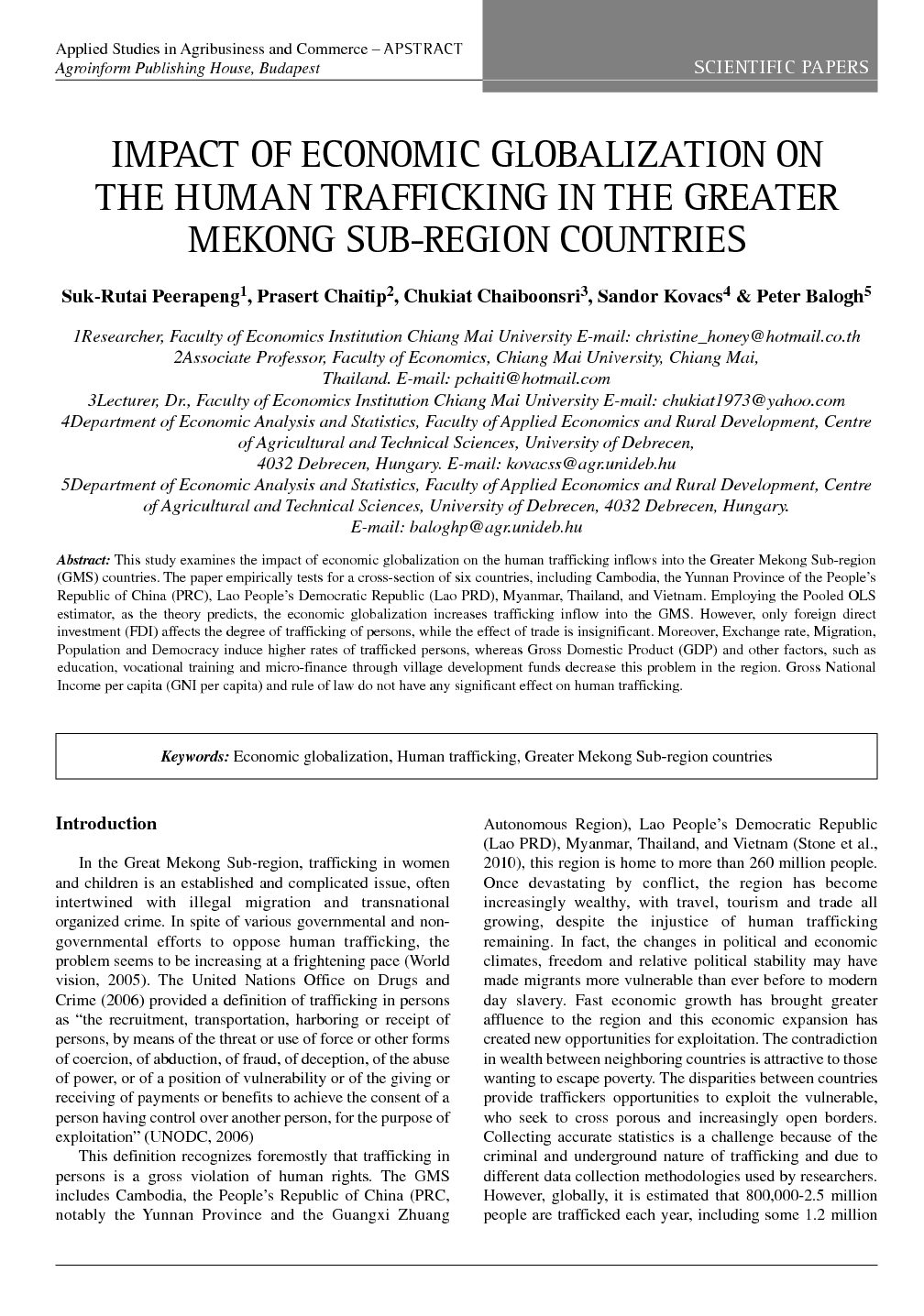 Impact of Economic Globalization on the Human Trafficking in the Greater Mekong Sub-region Countries