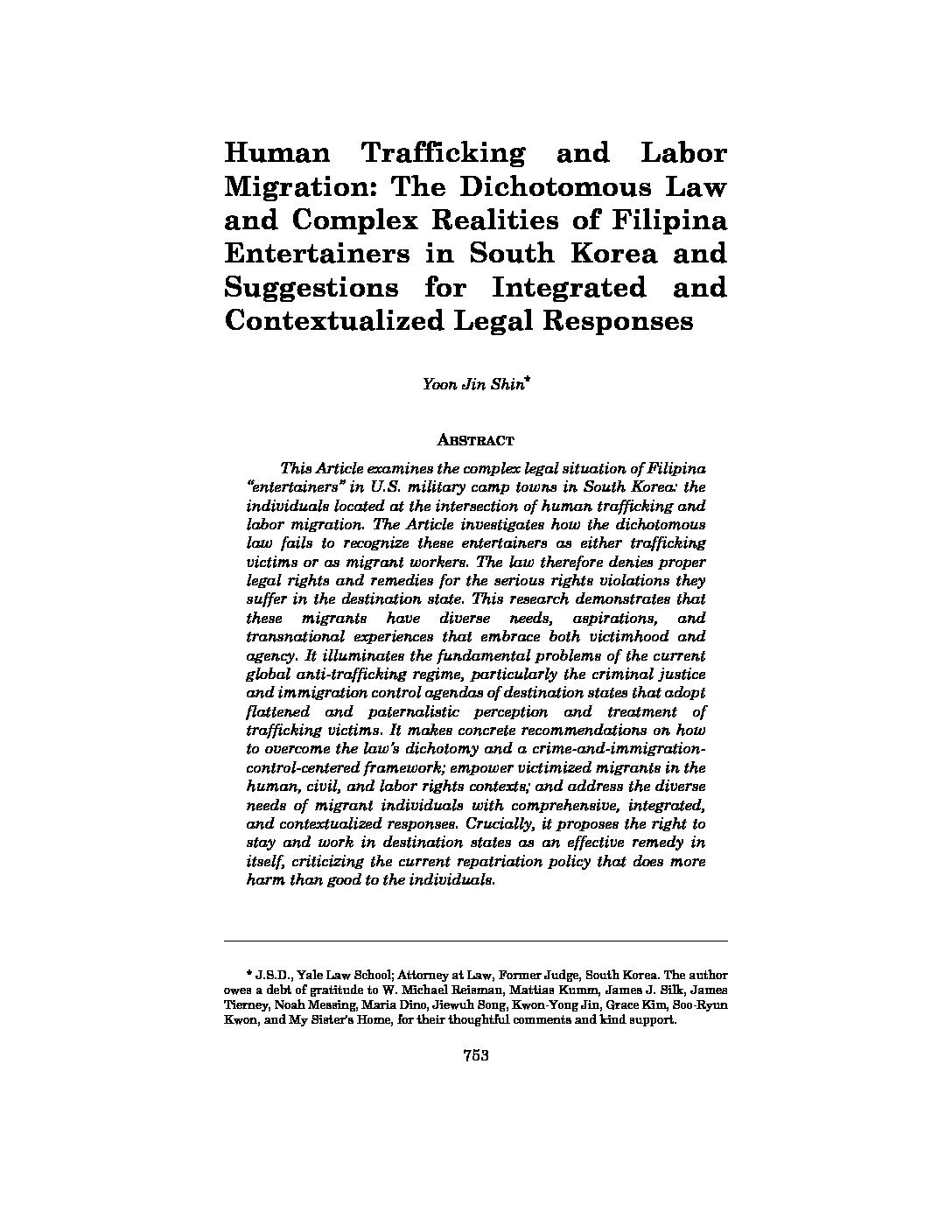 Human Trafficking and Labor Migration: The Dichotomous Law and Complex Realities of Filipina Entertainers in South Korea and Suggestions for Integrated and Contextualized Legal Responses