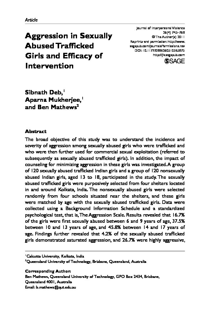 Aggression in Sexually Abused Trafficked Girls and Efficacy of Intervention