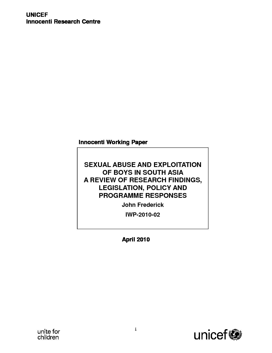Sexual Abuse and Exploitation of Boys in South Asia-A Review of Research Findings, Legislation, Policy, and Program Responses
