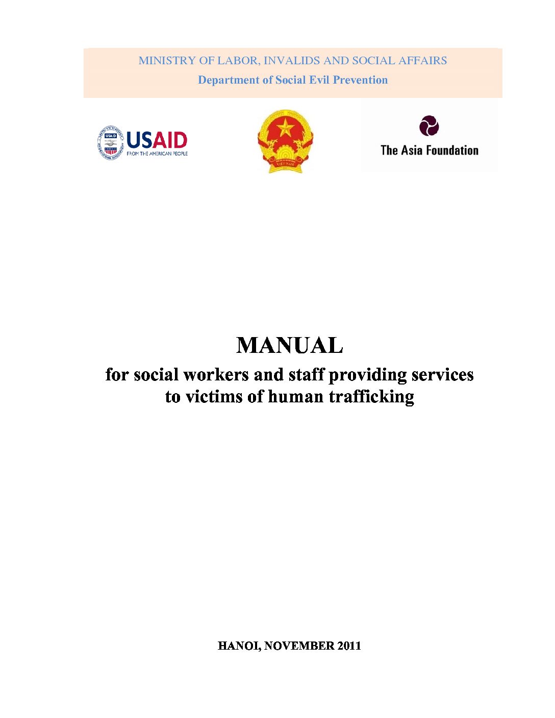 Manual for social workers and staff providing services to victims of human trafficking