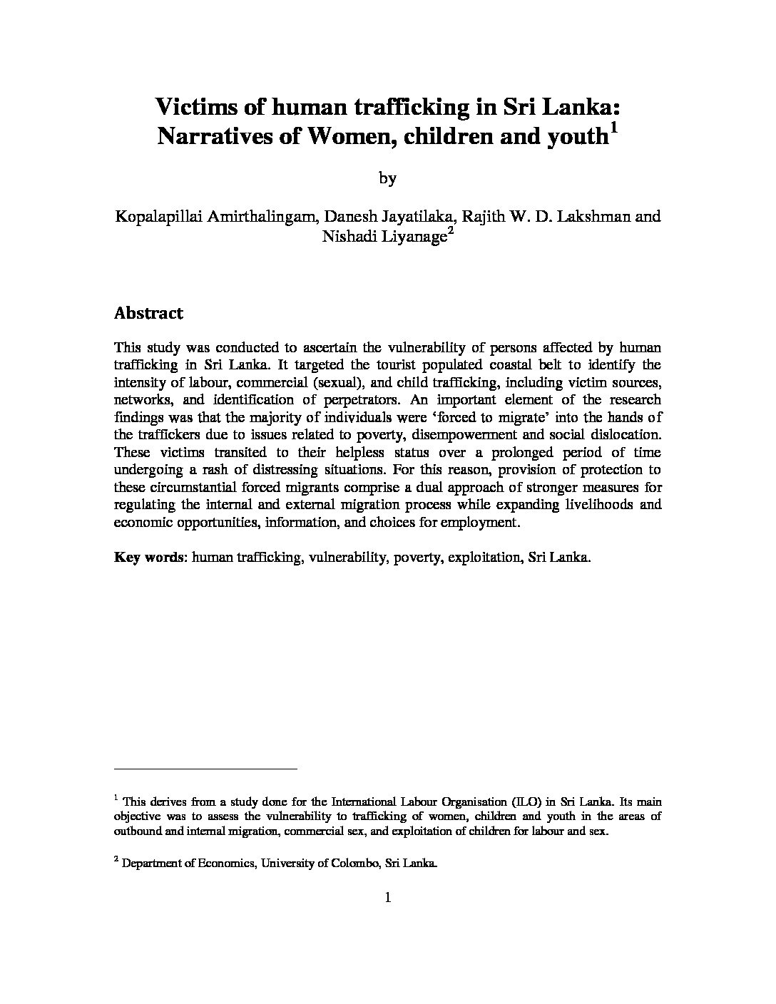 Victims of human trafficking in Sri Lanka: Narratives of Women, children and youth