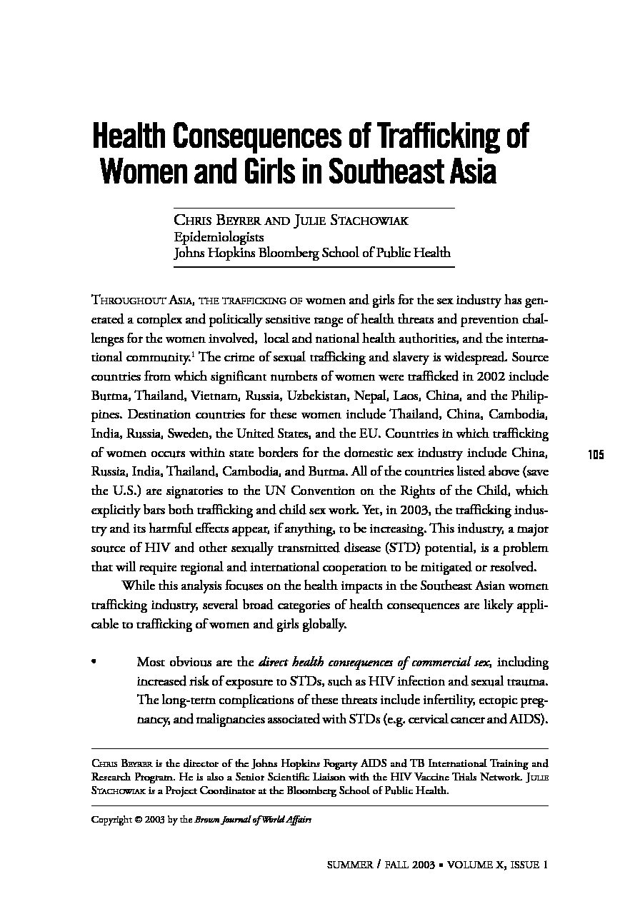 Health Consequences of Trafficking of Women and Girls in Southeast Asia