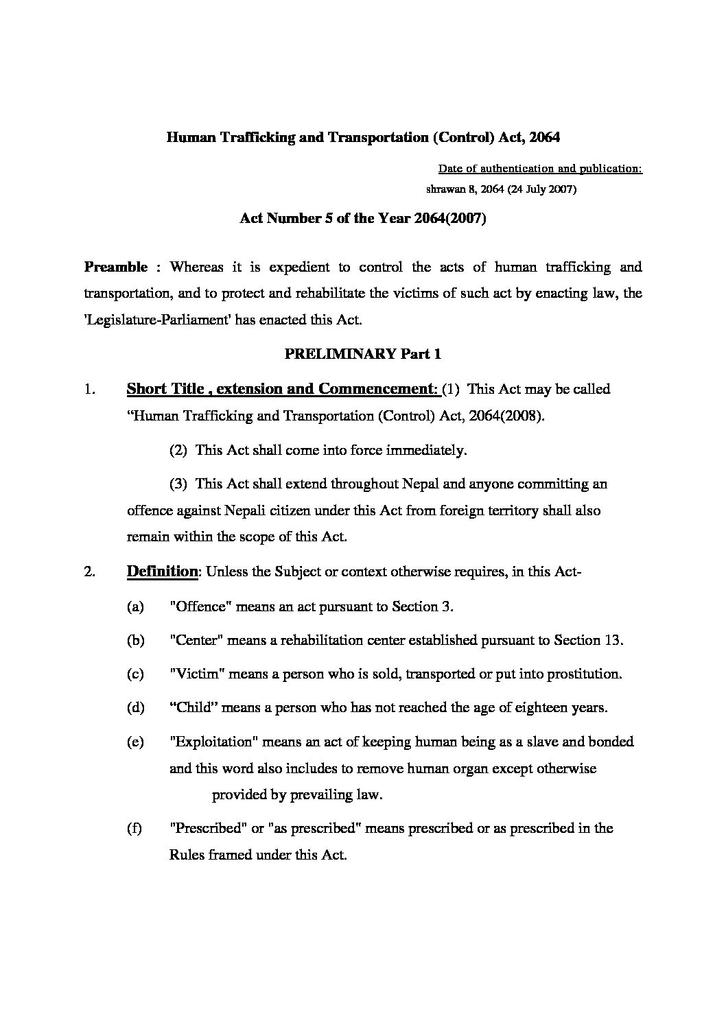 Human Trafficking and Transportation (Control) Act, 2064