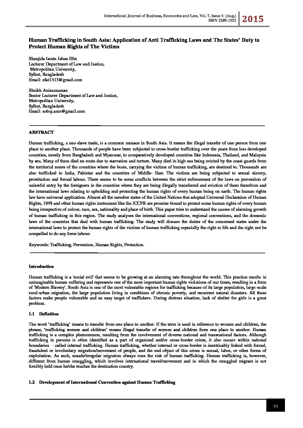 Human Trafficking in South Asia: Application of Anti-Trafficking Laws and The States’ Duty to Protect Human Rights of The Victims