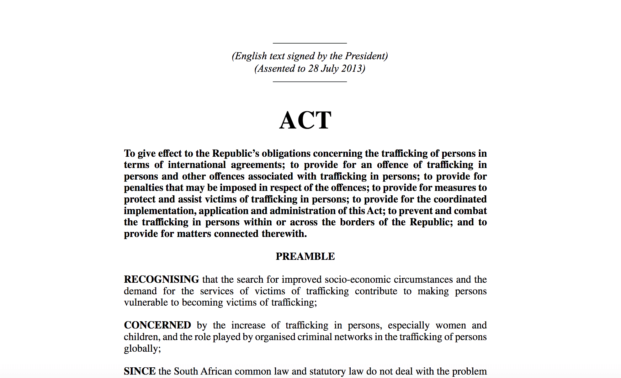 South Africa’s “Act No. 7 of 2013: Prevention and Combating of Trafficking in Persons Act”