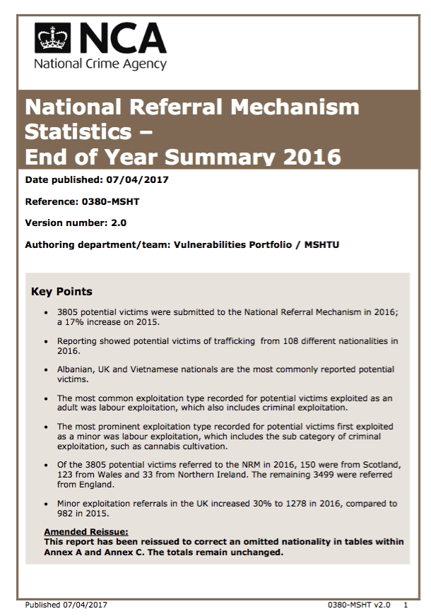 Modern Slavery and Human Trafficking: National Referral Mechanism Statistics – End of Year Summary 2016