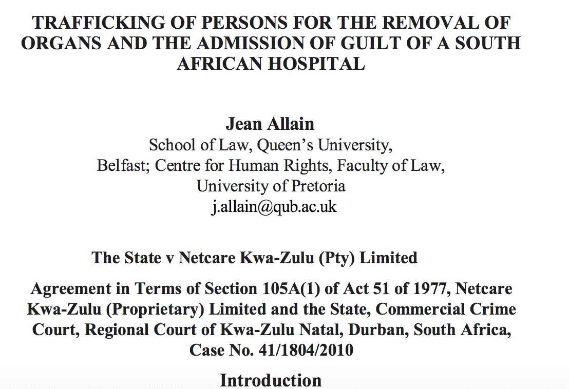 Trafficking of Persons for the Removal of Organs and the Admission of Guilt of a South African Hospital