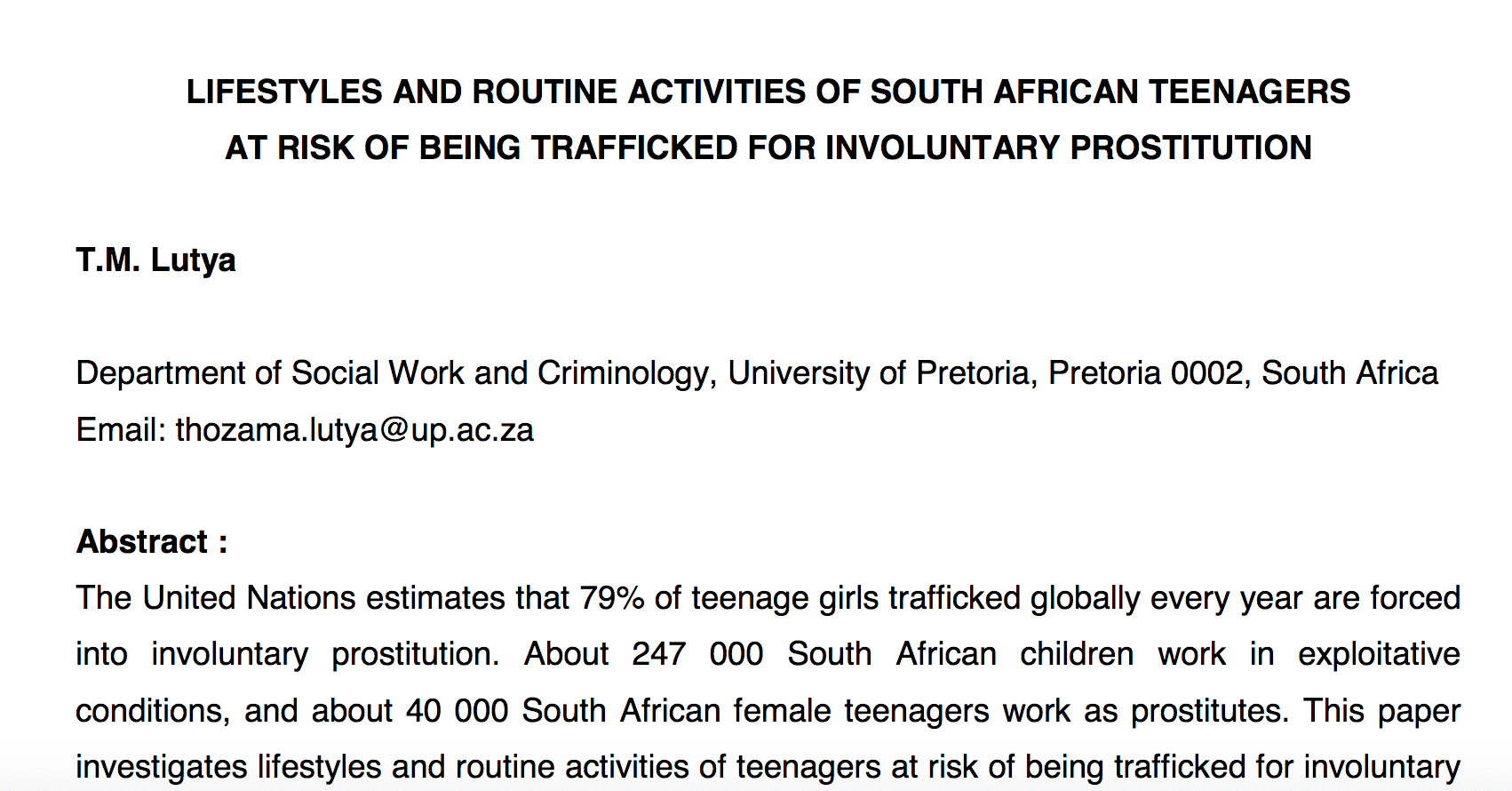 Lifestyles and Routine Activities of South African Teenagers at Risk of Being Trafficked for Involuntary Prostitution