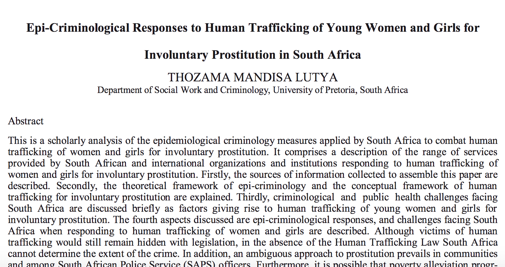 Epi-Criminological Response to Human Trafficking of Young Women and Girls for Involuntary Prostitution in South Africa