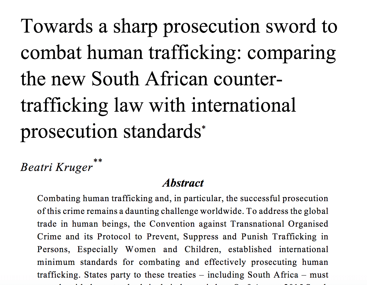 Towards a sharp prosecution sword to combat human trafficking: comparing the new South African counter- trafficking law with international prosecution standards