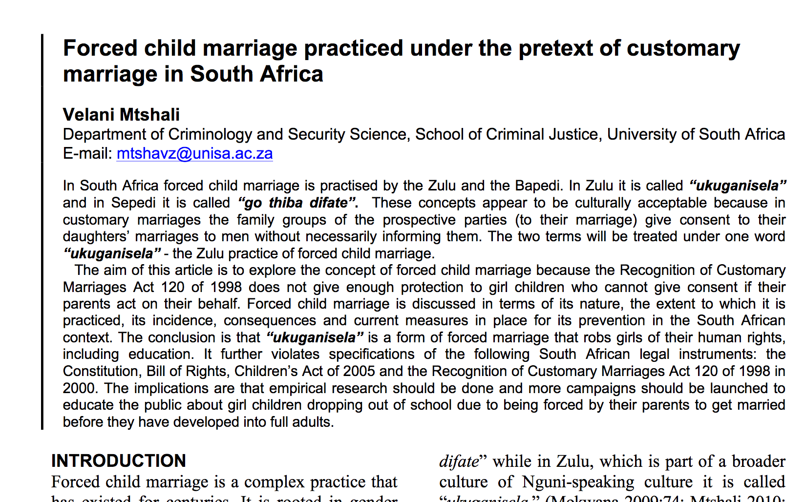 Forced child marriage practiced under the pretext of customary marriage in South Africa