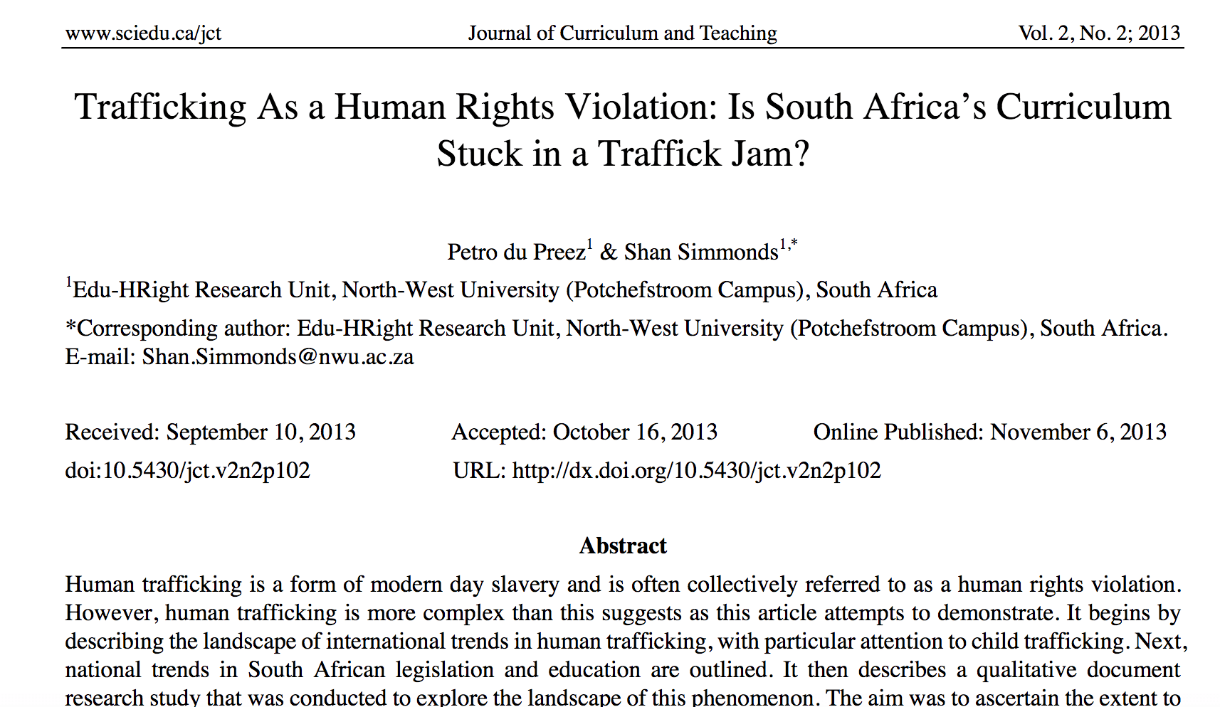 Trafficking As a Human Rights Violat ion: Is South Africa’s Curriculum  Stuck in a Traffick Jam?