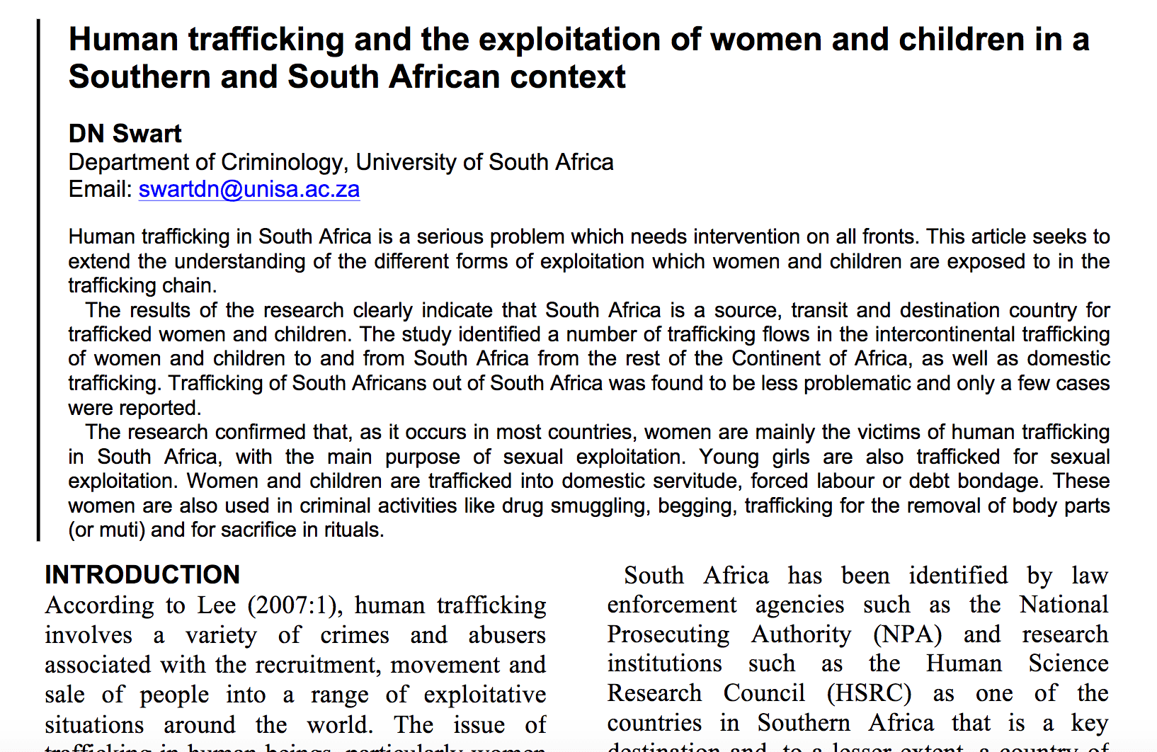 Human trafficking and the exploitation of women and children in a Southern and South African context