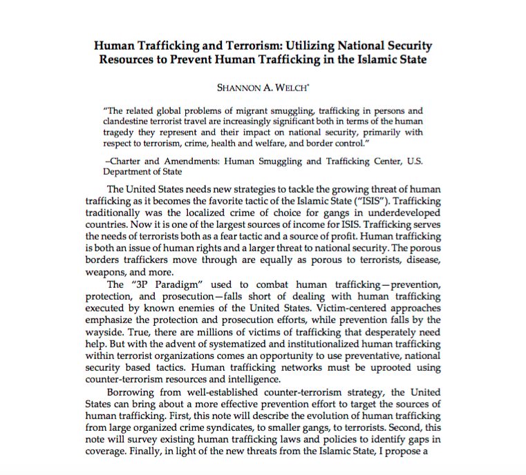 Human Trafficking and Terrorism: Utilizing National Security Resources to Prevent Human Trafficking in the Islamic State