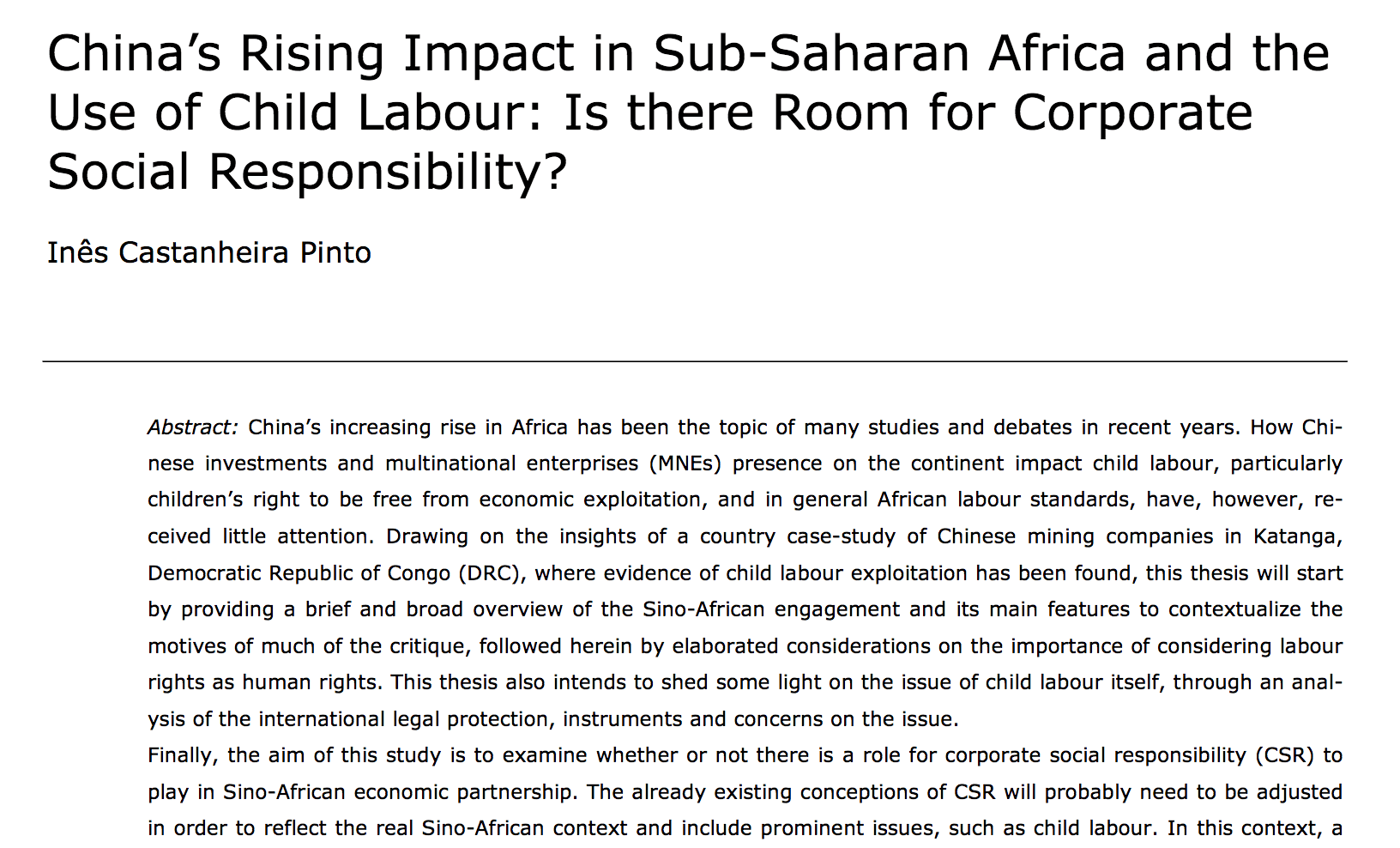 China’s Rising Impact in Sub-Saharan Africa and the Use of Child Labour: Is there Room for Corporate Social Responsibility?