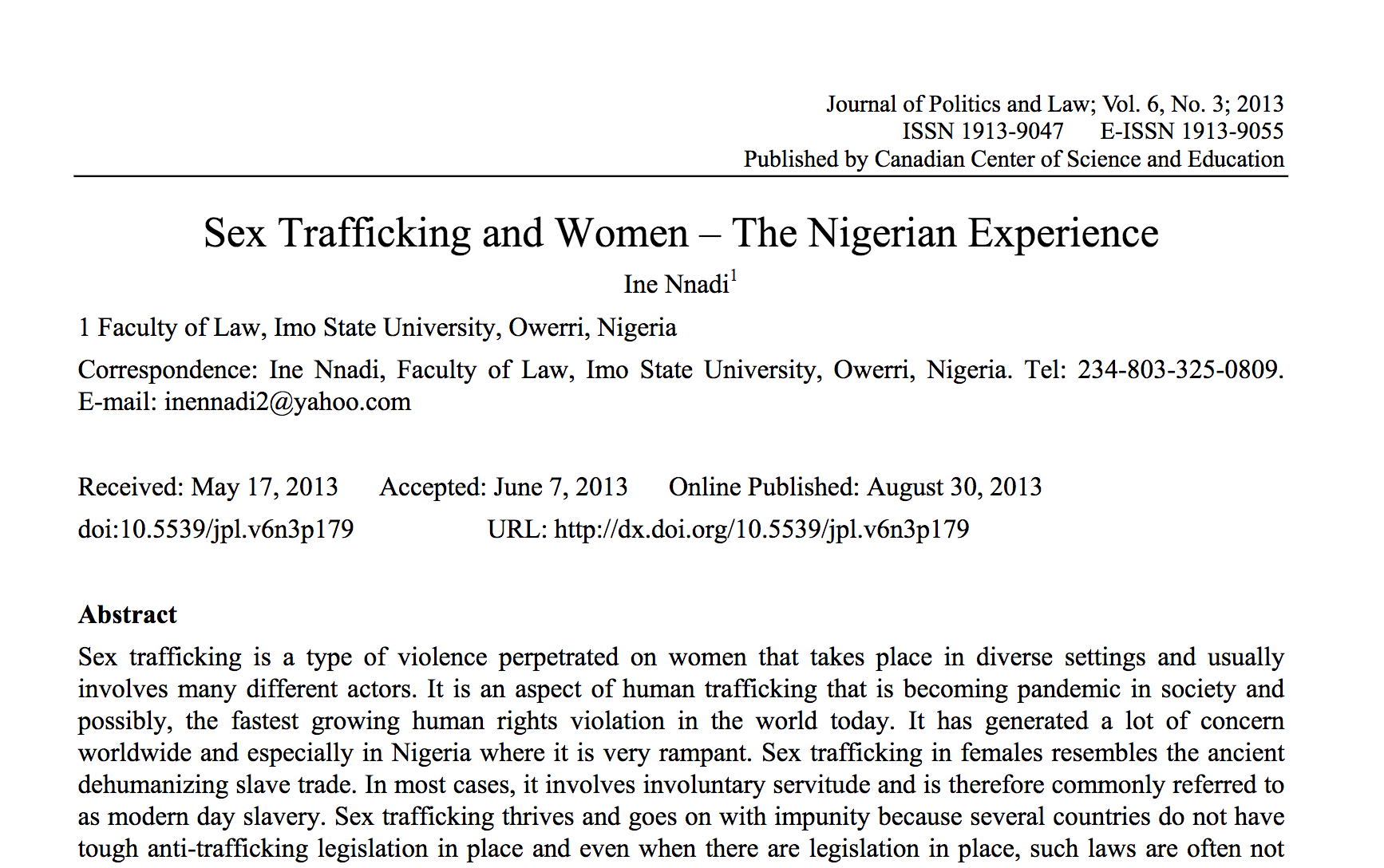 Sex trafficking and women: the Nigerian experience