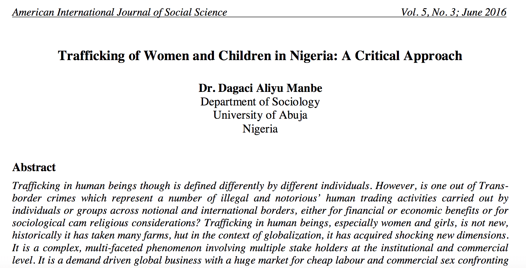 Trafficking  of Women and Children in Nigeria: A Critical Approach