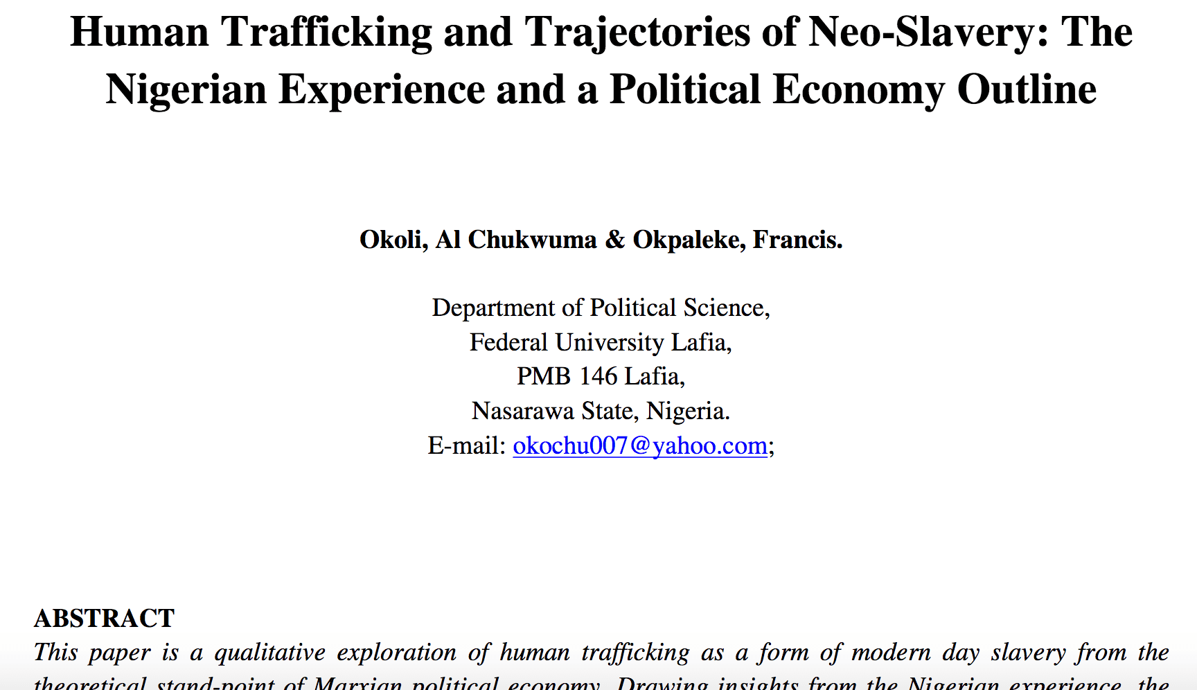Human trafficking and trajectories of neo-slavery: the Nigerian experience and a political economy outline