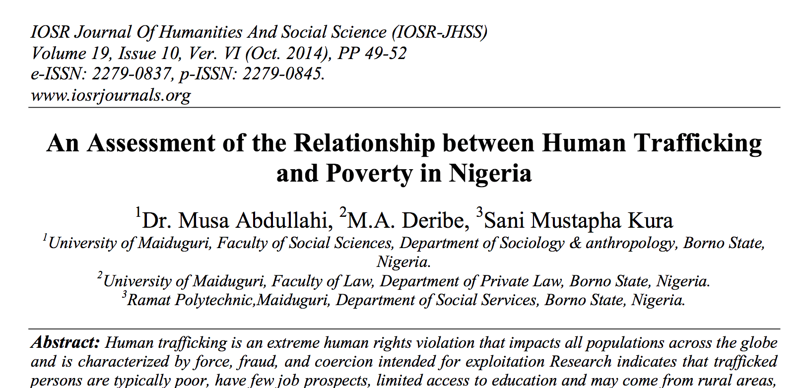 An Assessment of the Relationship between Human Trafficking and Poverty in Nigeria
