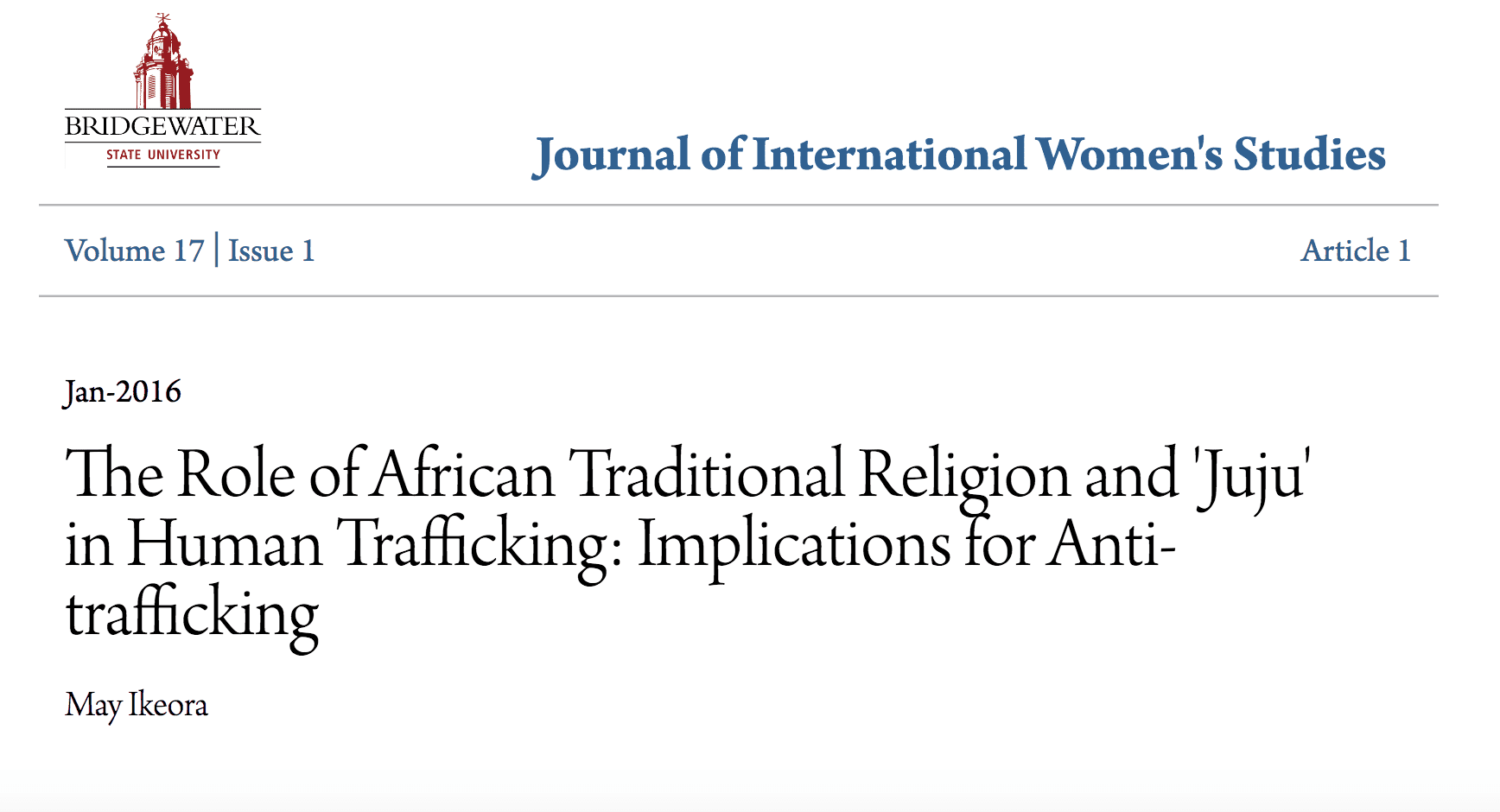 The role of African traditional religion and “juju” in human trafficing: implications for anti-traffiking