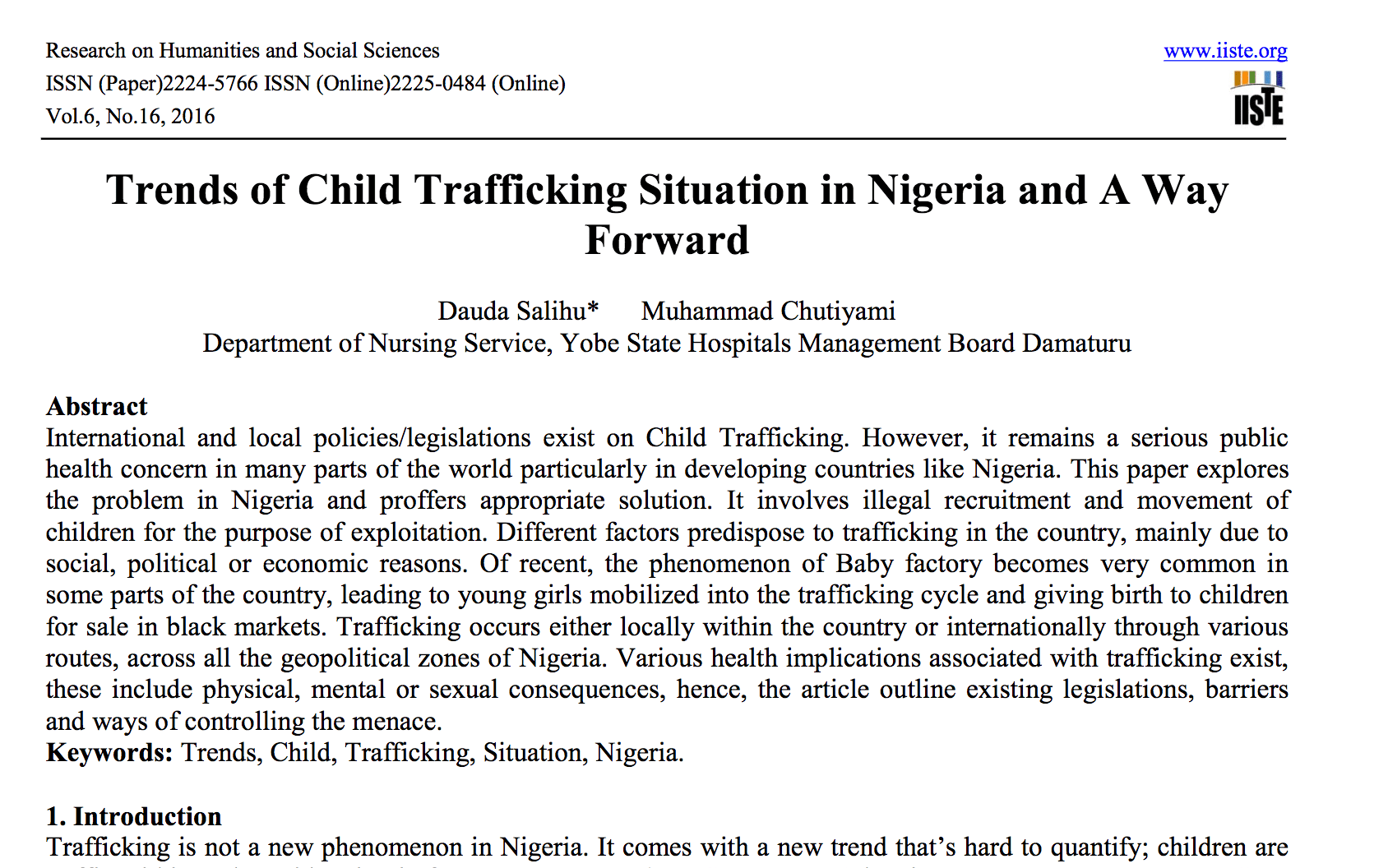Trends of Child Trafficking Situation in Nigeria an d A Way  Forward