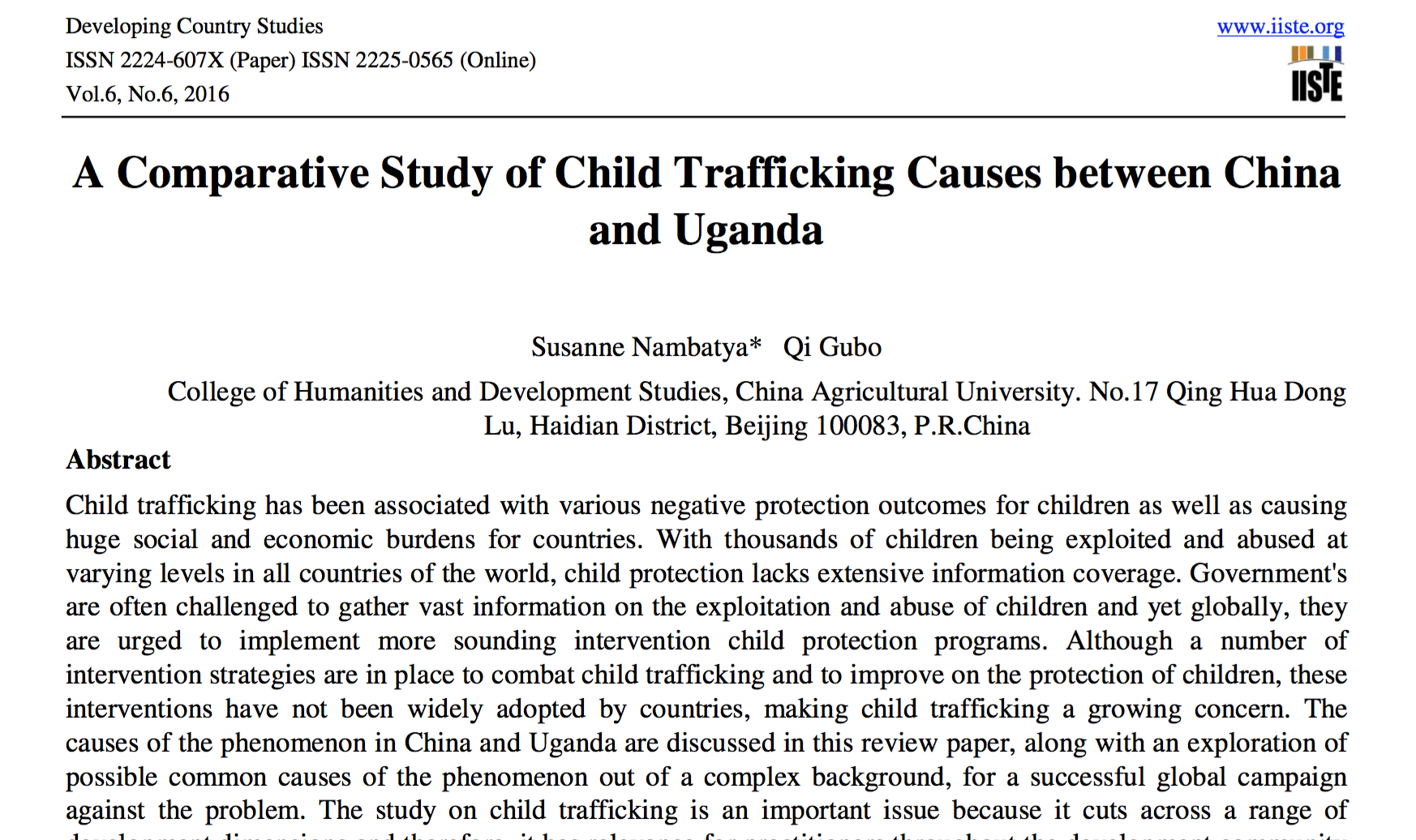 A comparison of child trafficking causes between China and Uganda