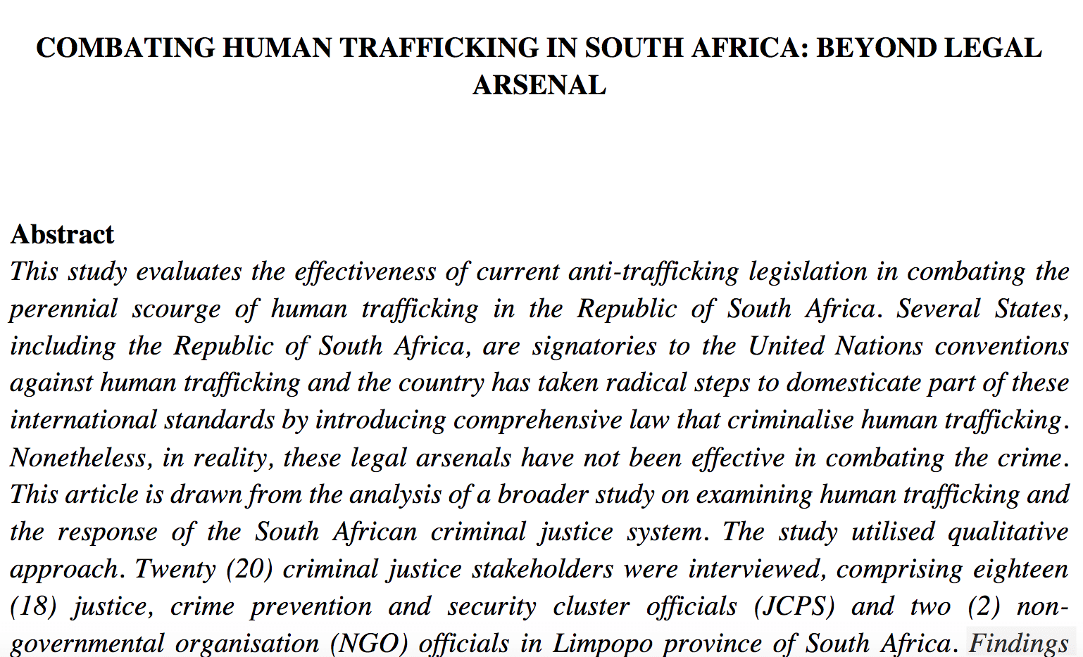 Combating human trafficking in South Africa: Beyond legal arsenal