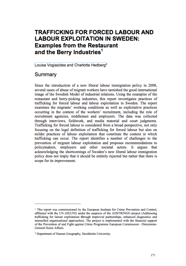 Trafficking for Forced Labour and Labour Exploitation in Sweden: Examples from the Restaurant and the Berry Industries