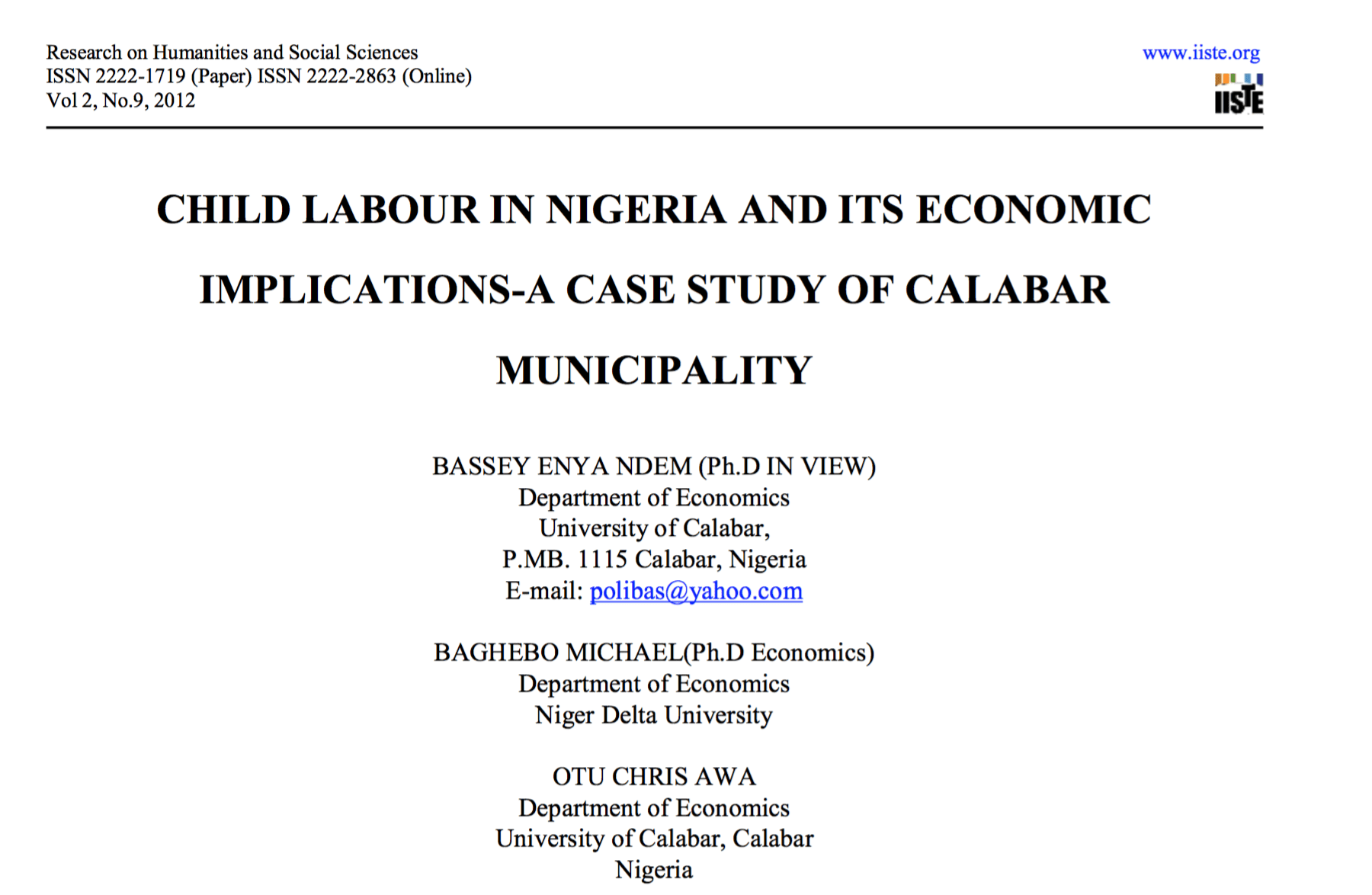 Child labour in Nigeia and its economic implications – a case study of Calabar municipality.