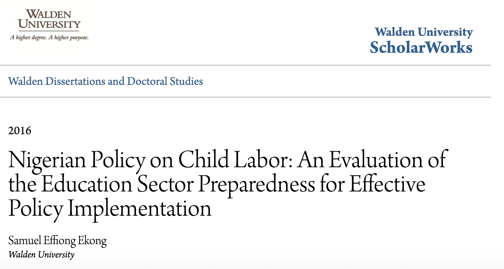 Nigerian Policy on Child Labor: An Evaluation of the Education Sector Preparedness for Effective Policy Implementation
