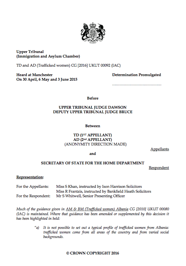 TD and AD (Trafficked women)(CG) v. Secretary of State for the Home Department