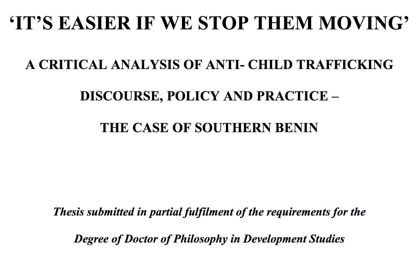 “It’s easier if we stop them moving” A critical analysis of anti-child trafficking discourse, policy and practice – the case of Southern Benin