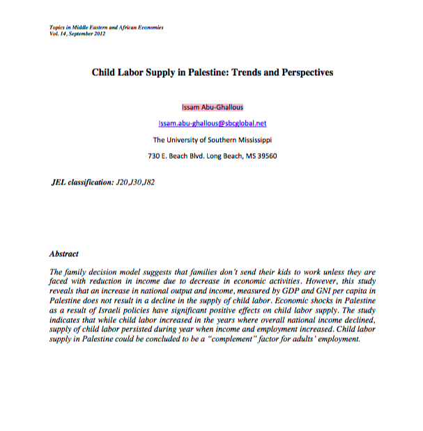 Child Labor Supply in Palestine: Trends and Perspectives