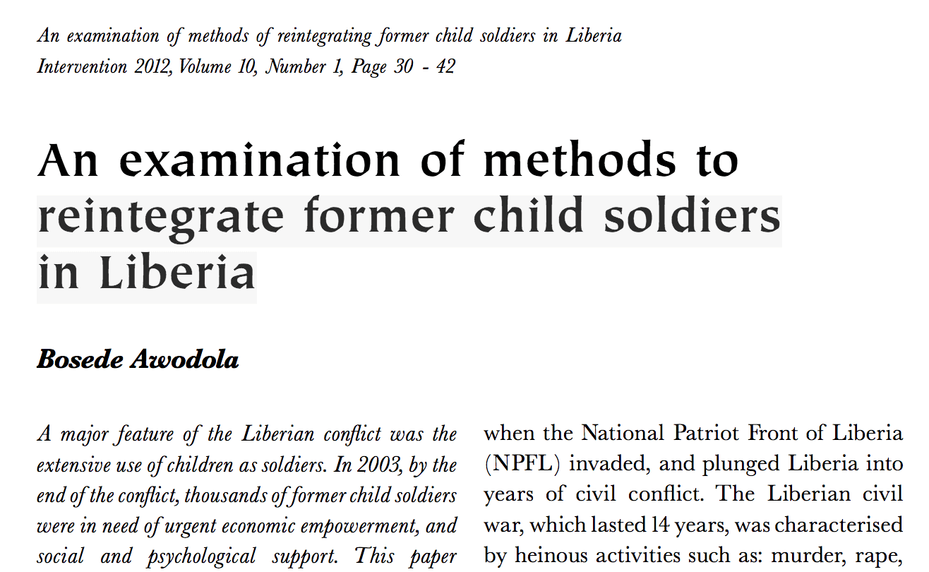 An examination of methods to reintegrate former child soldiers in Liberia