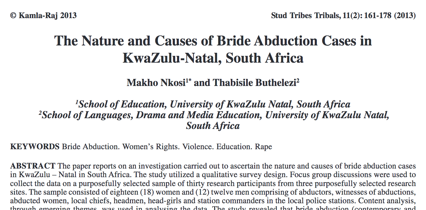 The Nature and Causes of Bride Abduction Cases in KwaZulu-Natal, South Africa