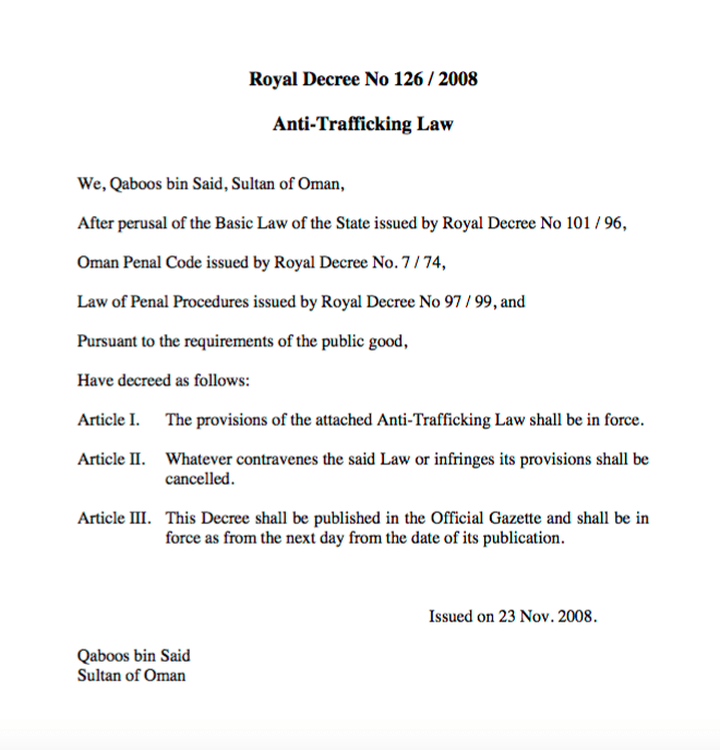 Royal Decree No 126 / 2008: Anti-Trafficking Law
