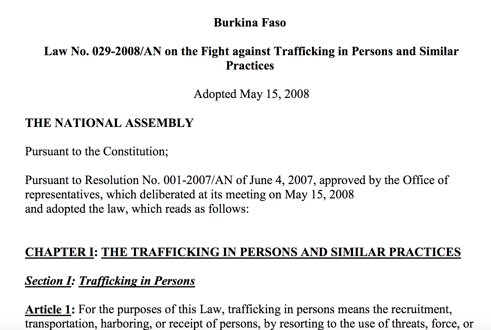 Burkina Faso Law No. 029 – 2008/AN on the Fight against Trafficking in Persons and Similar Practices