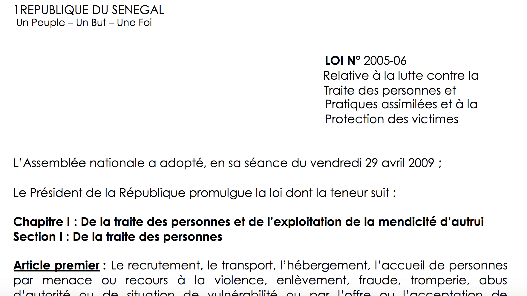 LOI N° 2005 -06 relative à la lutte contre la traite des personnes et pratiques assimilées et à la protection des victimes (Senegal)