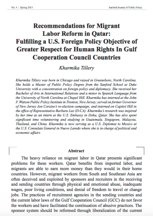 Recommendations for Migrant Labor Reform in Qatar: Fulfilling a U.S. Foreign Policy Objective of Greater Respect for Human Rights in Gulf Cooperation Council Countries
