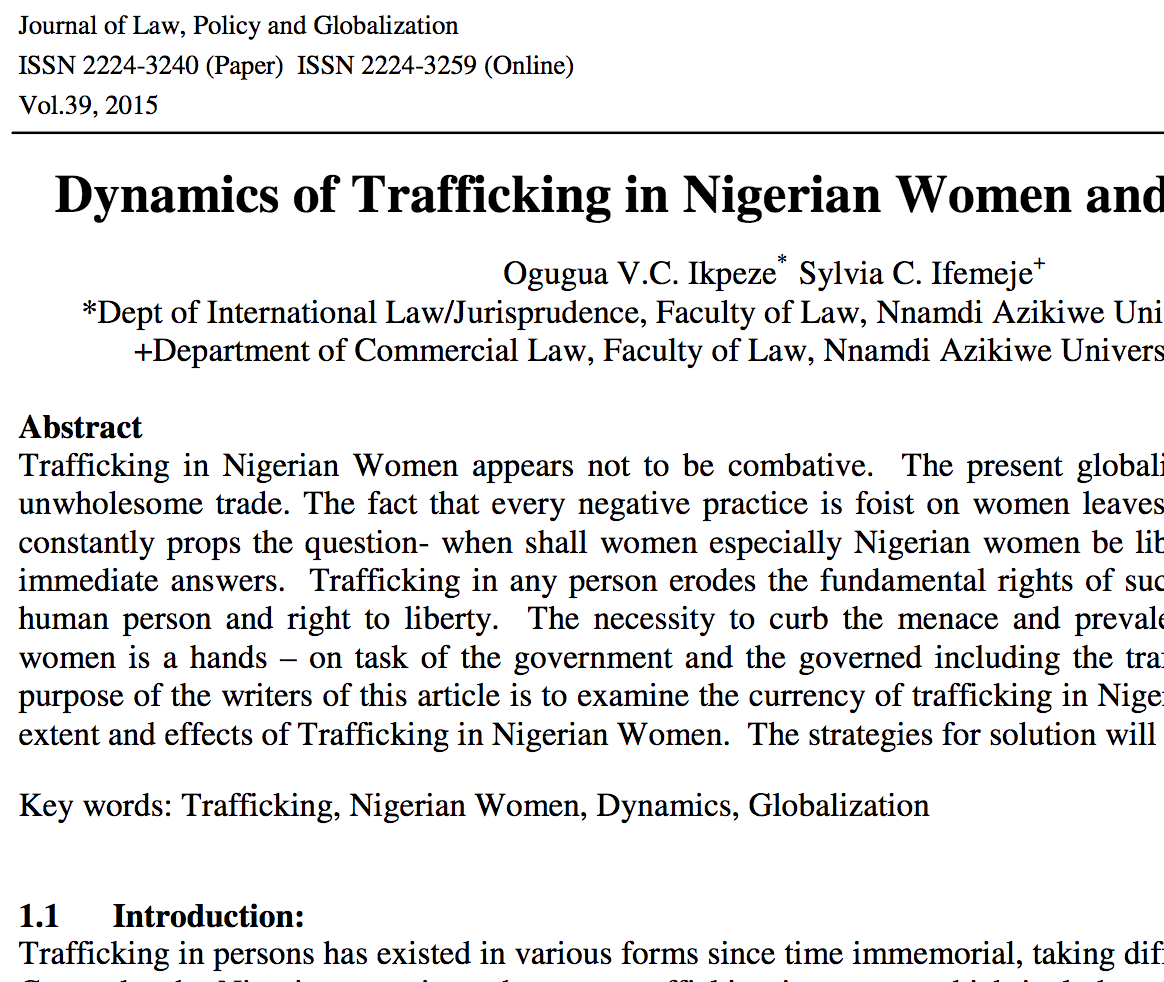 Vulnerability of Nigerian Secondary School to Human Sex Trafficking in Nigeria