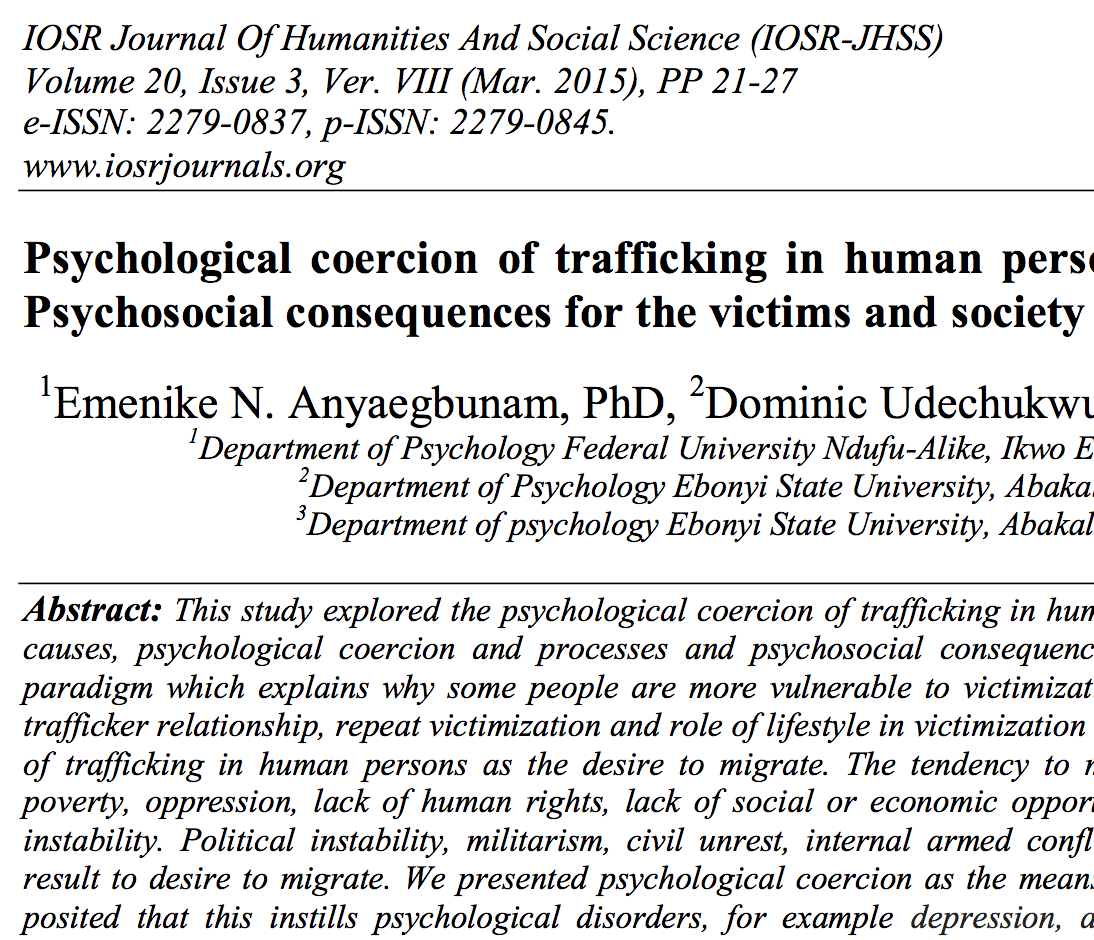 Psychological Coersion In Trafficking Of Human Persons: Antecedents And ...