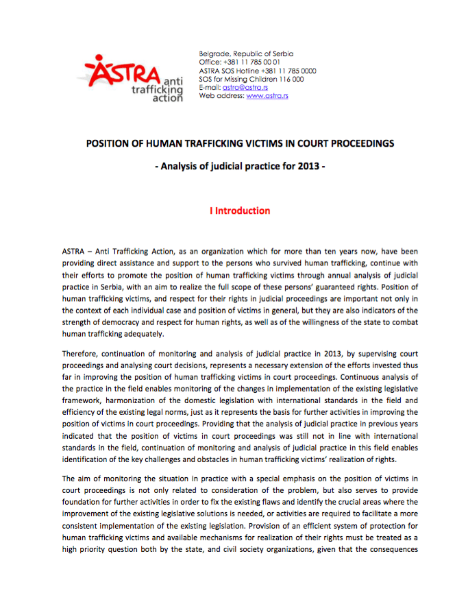 Position of Human Trafficking Victims in Court Proceedings ‐ Analysis of judicial practice for 2013 (Serbia)