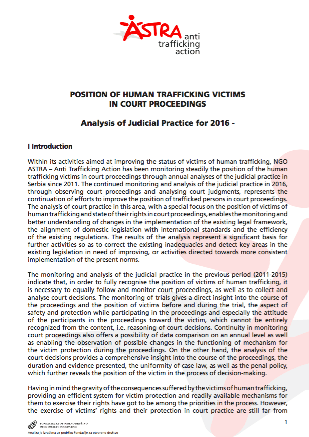 Position of Human Trafficking Victims in Court Proceedings ‐ Analysis of judicial practice for 2016 (Serbia)