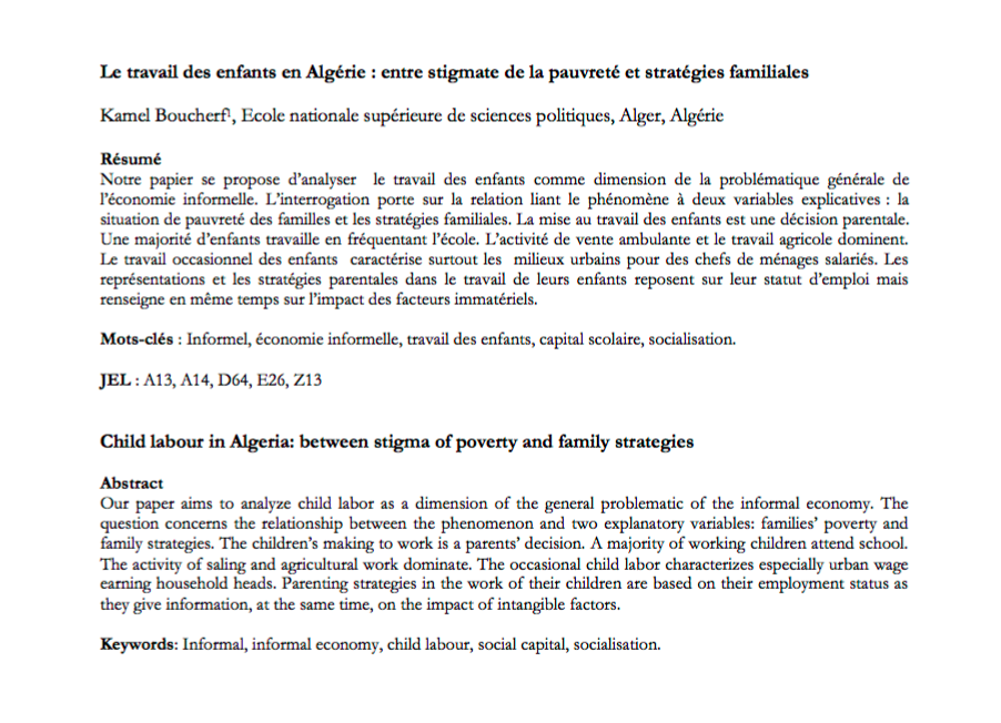 Le Travail des Enfants en Algérie: Entre Stigmate de la Pauvreté et Stratégies Familiales