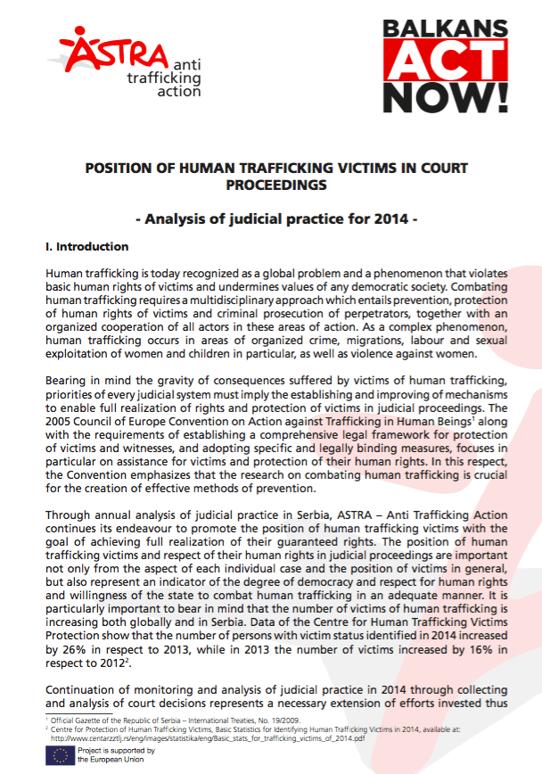 Position of Human Trafficking Victims in Court Proceedings ‐ Analysis of judicial practice for 2014 (Serbia)