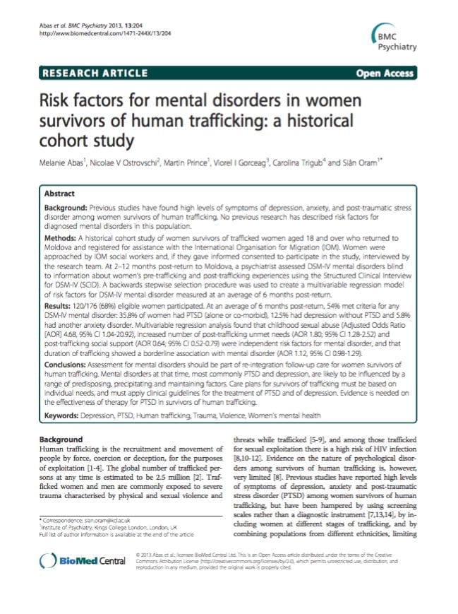 Risk factors for mental disorders in women survivors of human trafficking: a historical cohort study