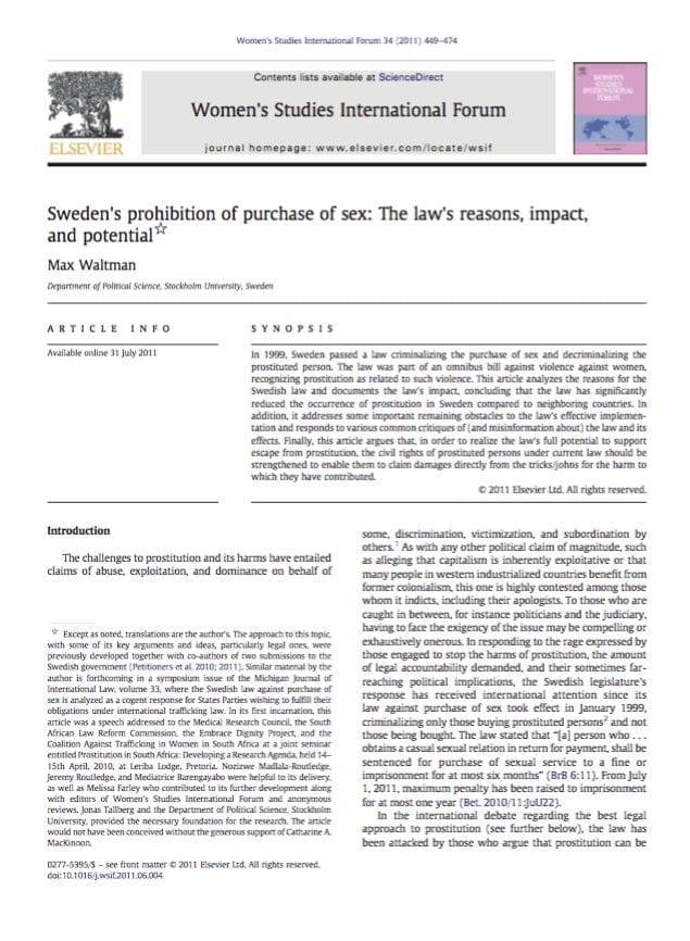 Sweden’s prohibition of purchase of sex: The law’s reasons, impact, and potential