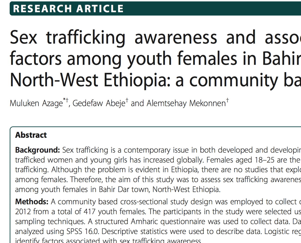 Sex trafficking awareness and associated factors among youth females in Bahir Dar town, North-West Ethiopia: a community-based study