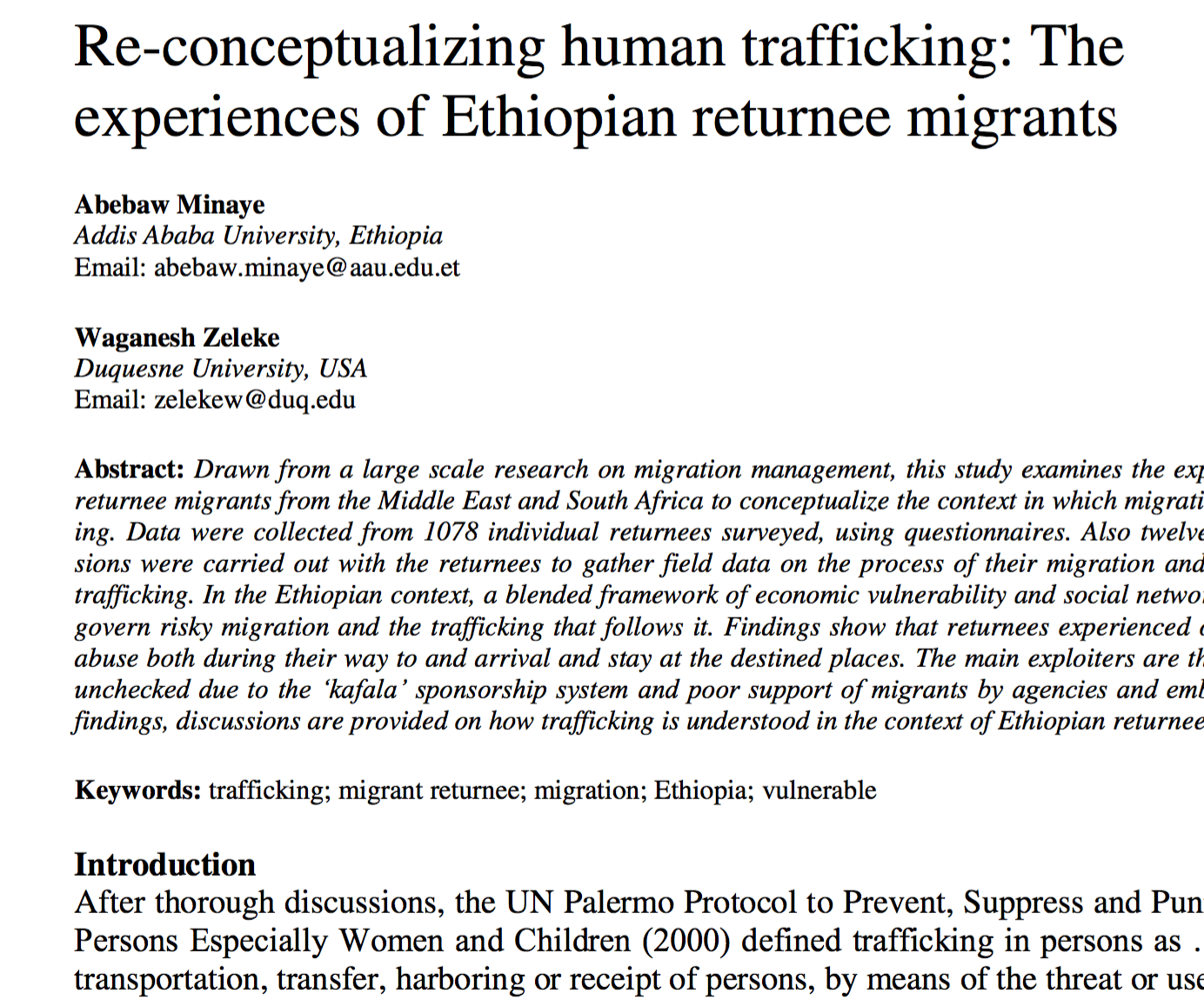 Reconceptualizing human traffickingL The experiences of Ethiopian returnee migrants